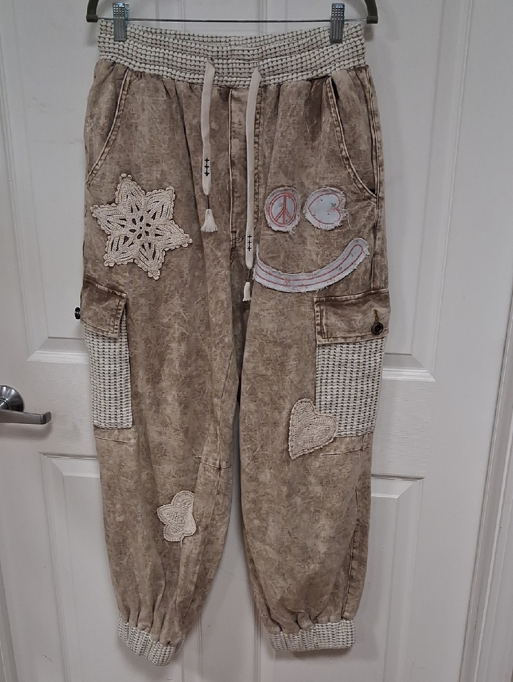 POL Wide Leg Beige Patchwork Cargo Jumpsuit Pants